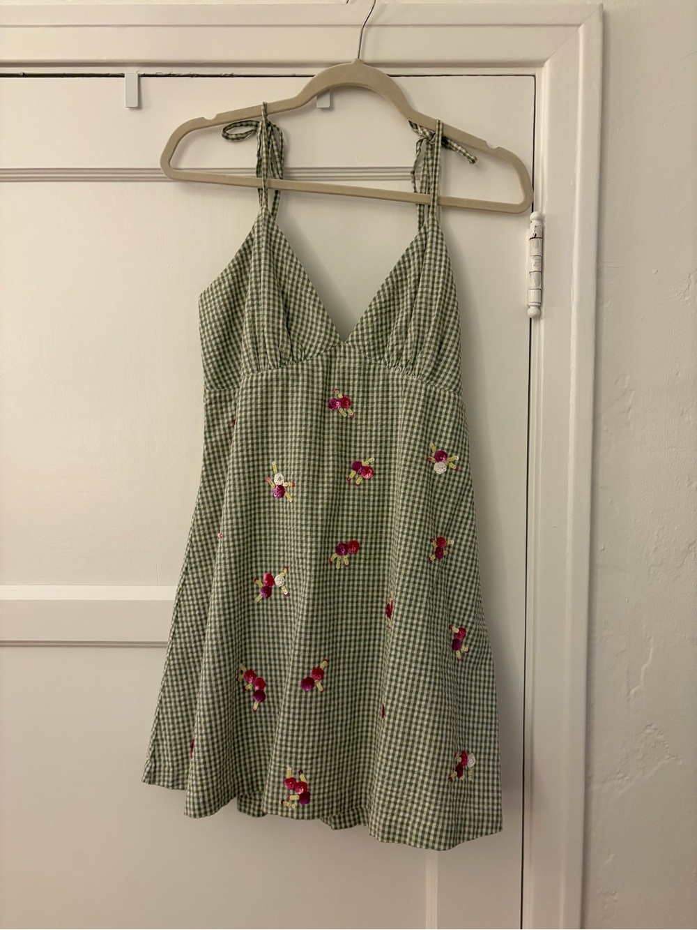 REVOLVE LPA Green Gingham Tie-Shoulder Sundress with Floral Embroidery